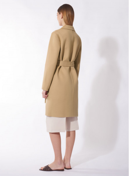 Belted camel double wool overcoat