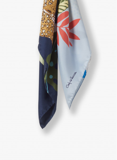 Blue twill silk scarf with stylized jaguard