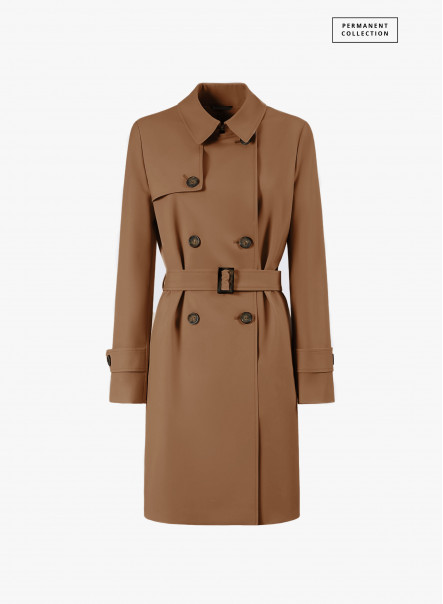 Satin tech double breasted tobacco color trench coat