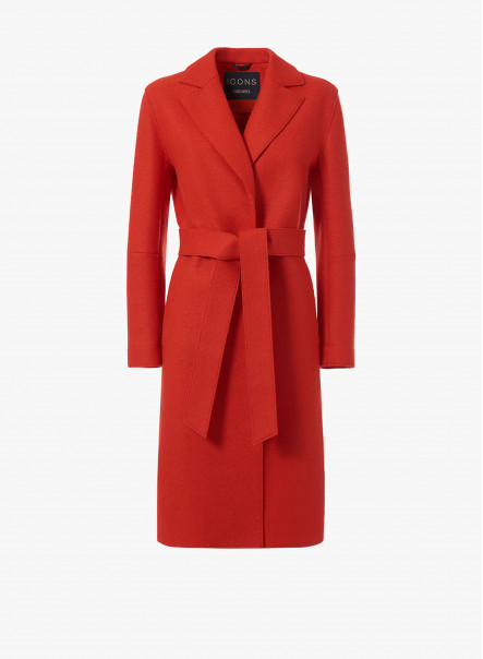 Long belted ruby red wool coat