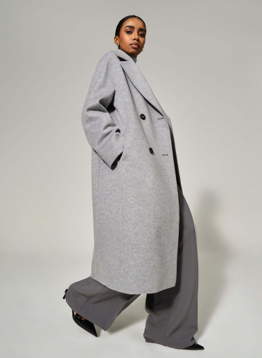 Long double breasted light grey pure wool coat