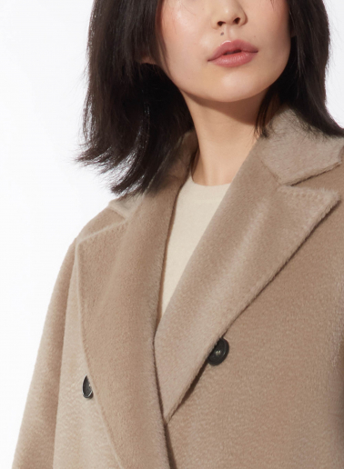 Long double breasted 6 buttons beige alpaca and wool coat