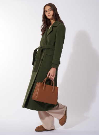 Maxi belted military green wool and cashmere trench coat