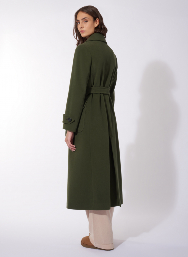 Maxi belted military green wool and cashmere trench coat