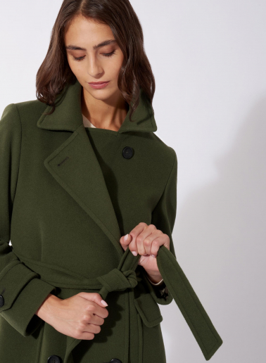 Maxi belted military green wool and cashmere trench coat